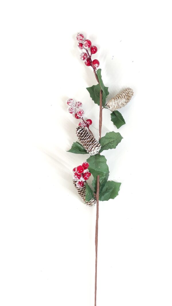 Vara con piñas nevadas y cerezas 58 cm